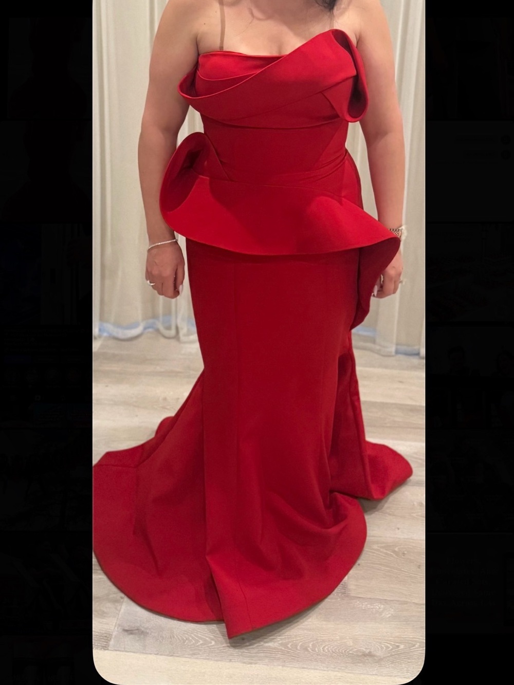 Red Strapless Peplum Evening Gown